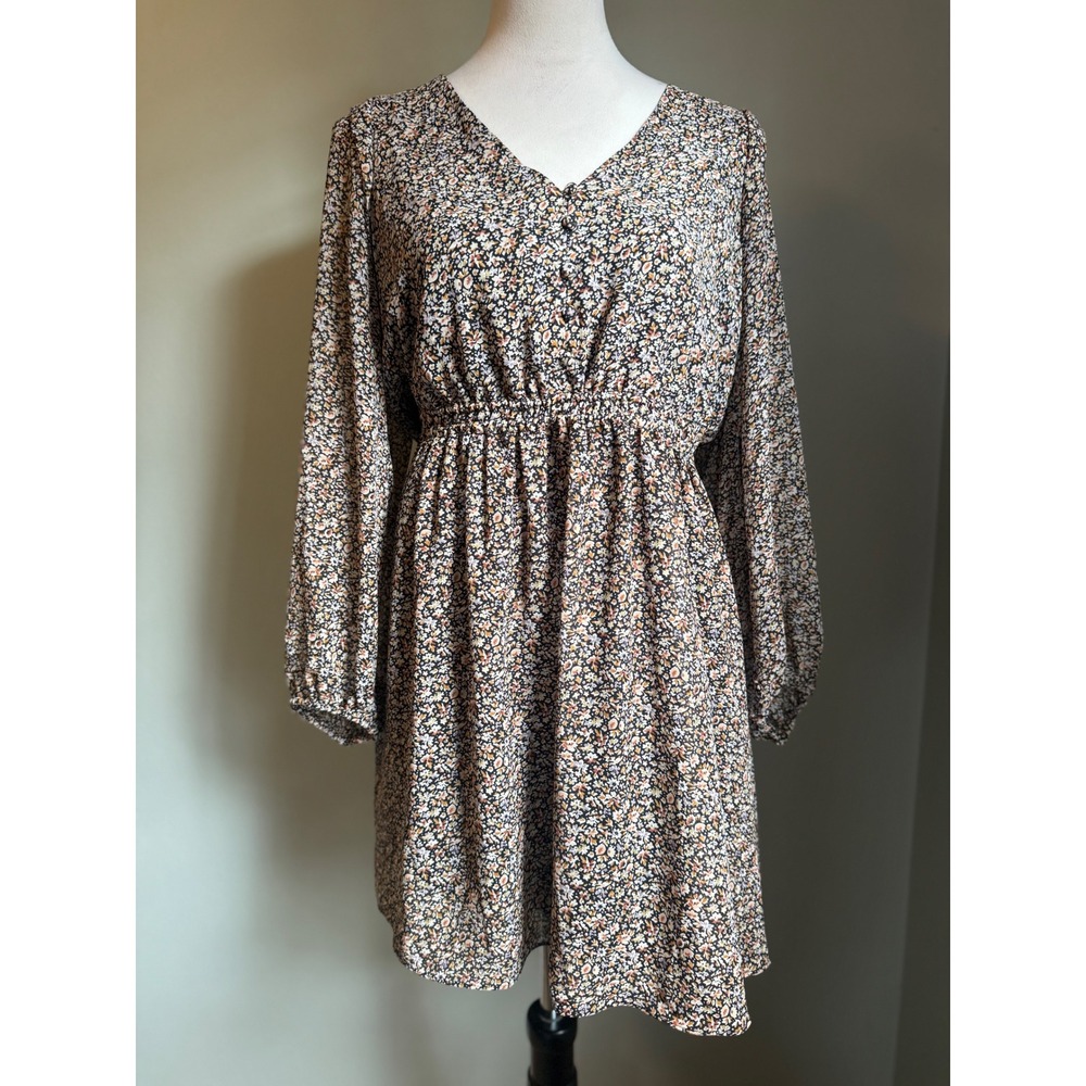 Madewell Floral Long Sleeve Mini Dress medium boho whimsi cottage fairy Y2K tan